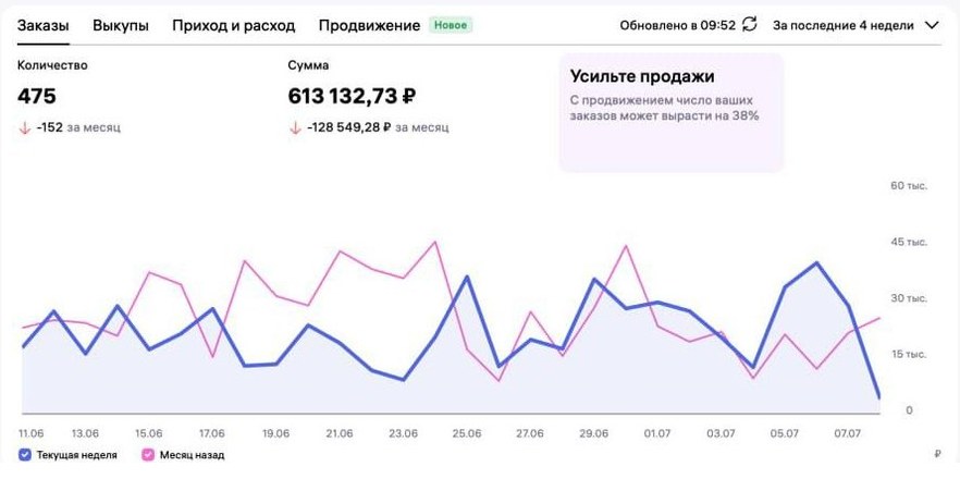 Кабинет WB Sellers: оборот 613 тысяч рублей за 4 недели